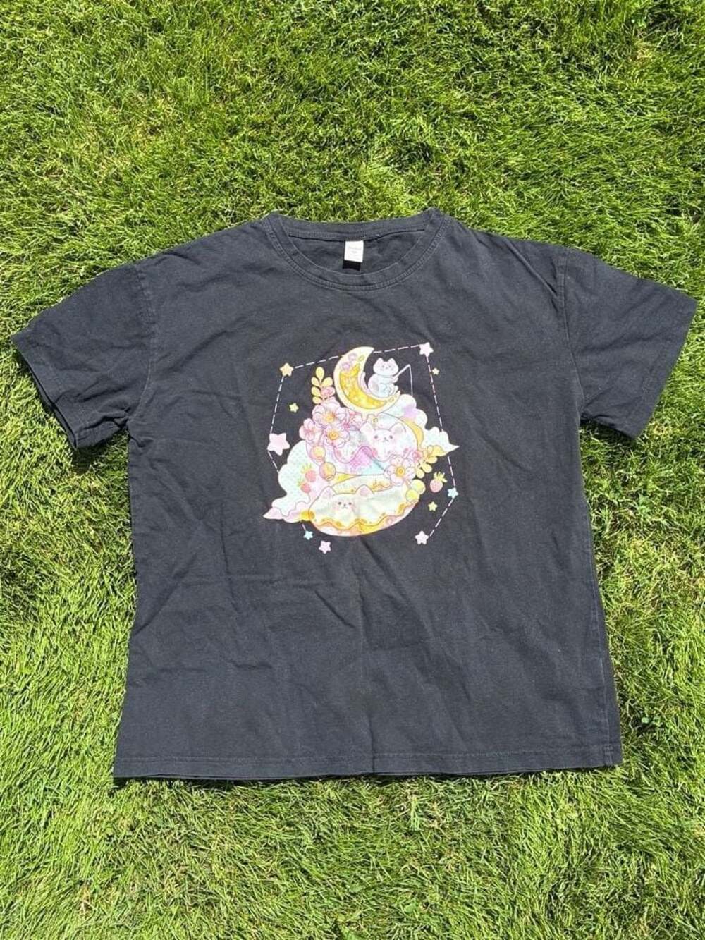Romwe Cute Cat Moon & Floral Graphic Black T-Shirt Size M